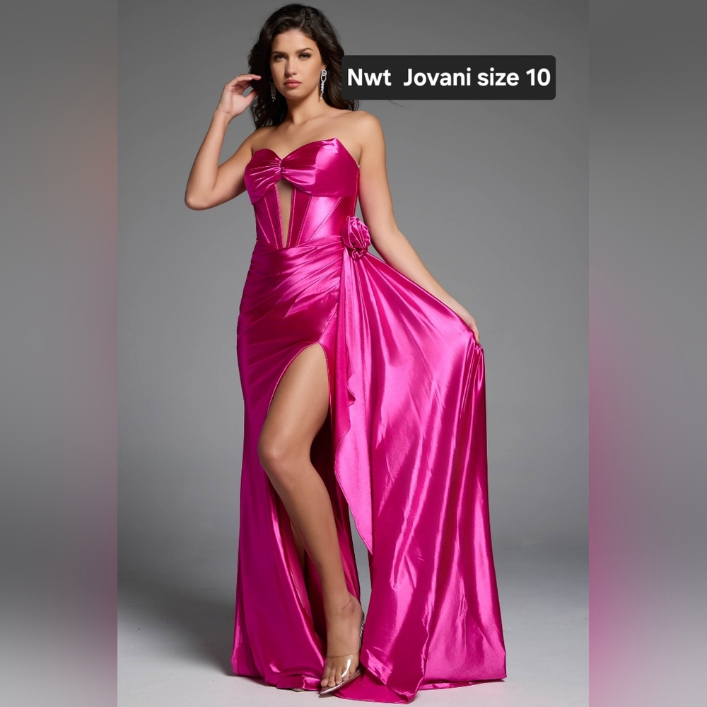 Strapless Satin Gown with Bow Detail D5021 Elegant Pink Strapless Evening Gown